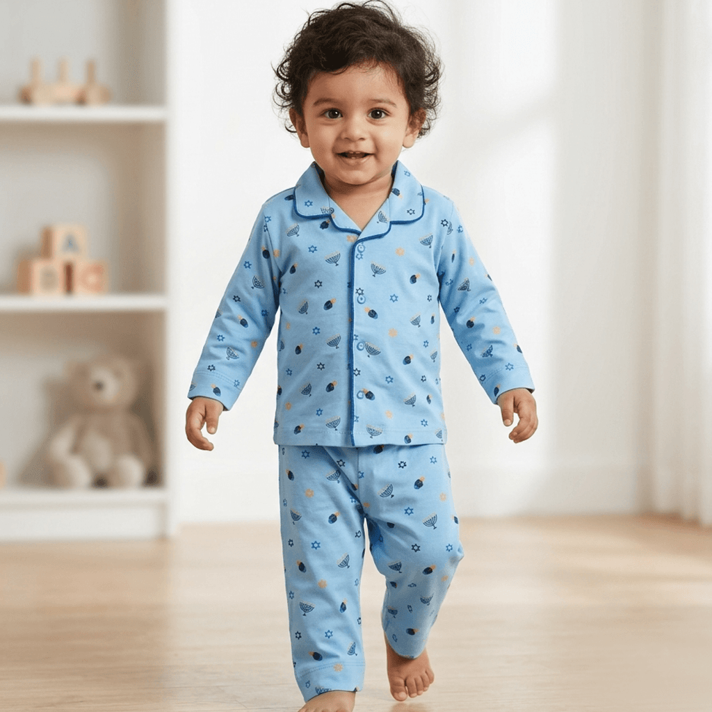 Heroto Unisex Cotton Blend Full Length Pyjama Set in Light Sky Blue for All Season Casual Wear