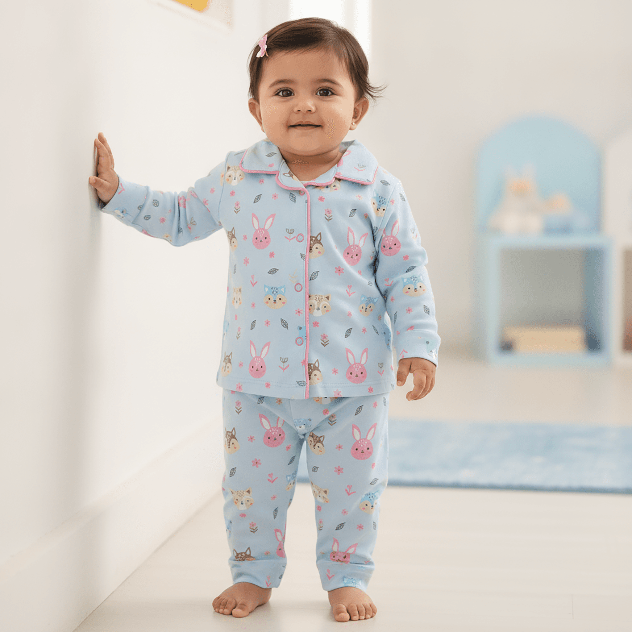 Heroto Girls' Light Blue Cotton Blend Full Sleeve Pyjama Set for All Season Casual Wear