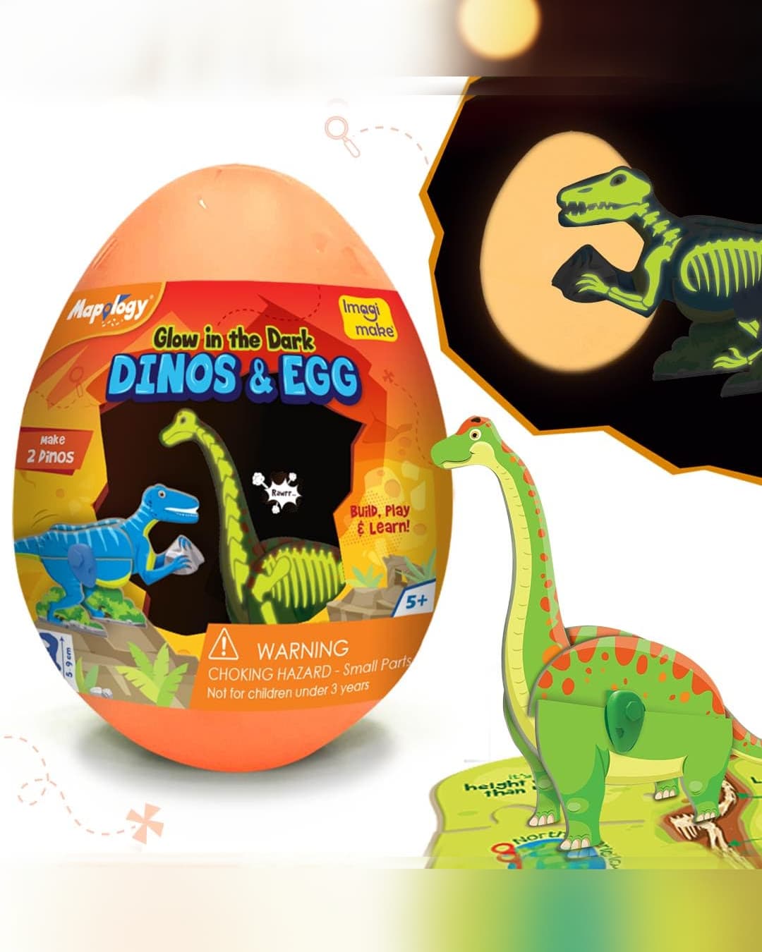 Imagimake Mapology Glow in the Dark Dinos & Egg – 3D Dinosaur Puzzle Toy for Kids | Build, Play & Learn (Orange)