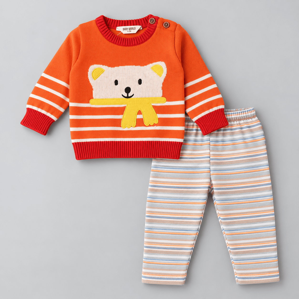 Baby World Boys' Orange Cotton Full Sleeve Sweater & Full Length Pant Set for Winter Casual Wear