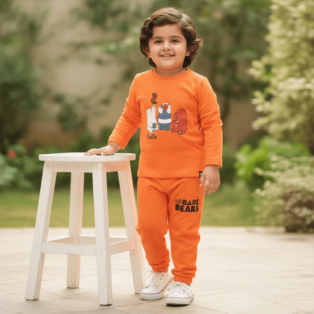 Minute Mirth Boys' Casual Orange T-shirt & Joggers Set with "Hello, We BARE BEARS" Print