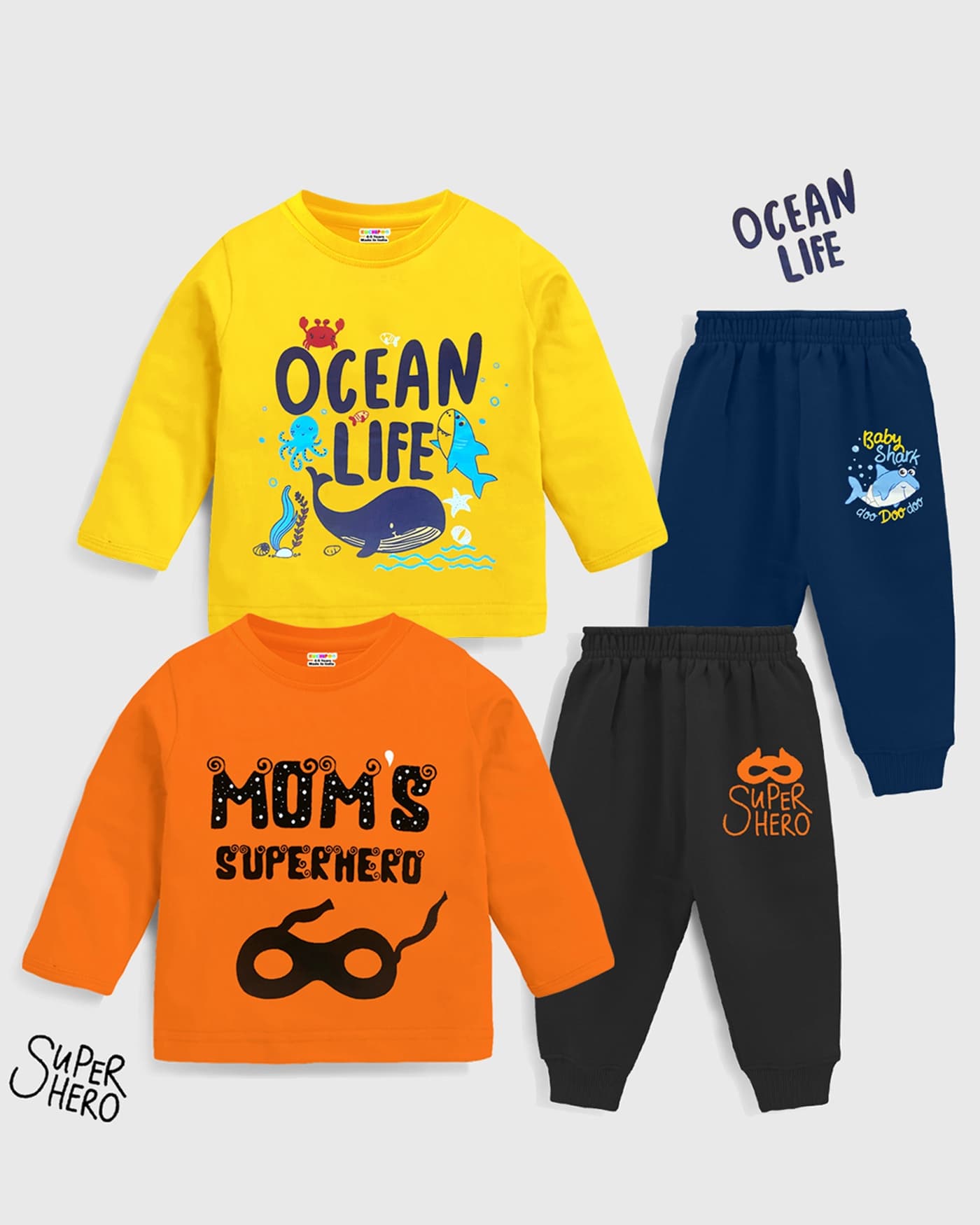 Kuchipoo Boys Casual T-shirt & Joggers Set - Orange & Yellow Ocean Life Baby Shark Superhero Full Sleeves