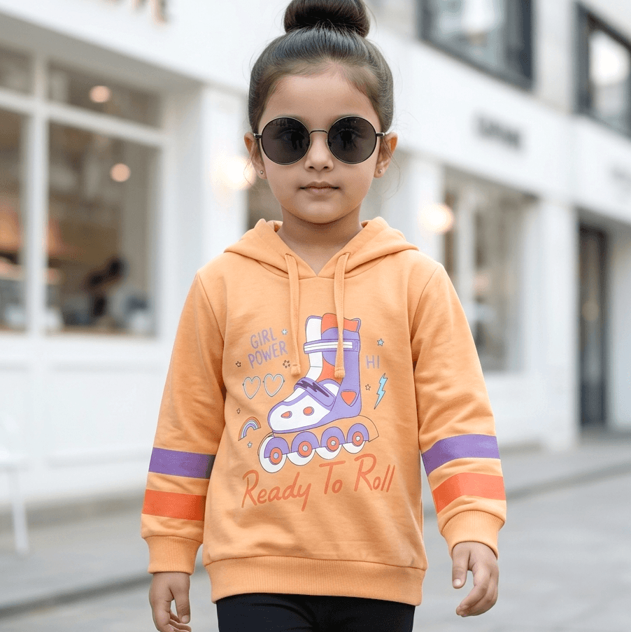 Tango Girls' Orange Cotton Hoodies with Full Sleeves and "GIRL POWER HI Ready To Roll" Print for Casual Winter Wear