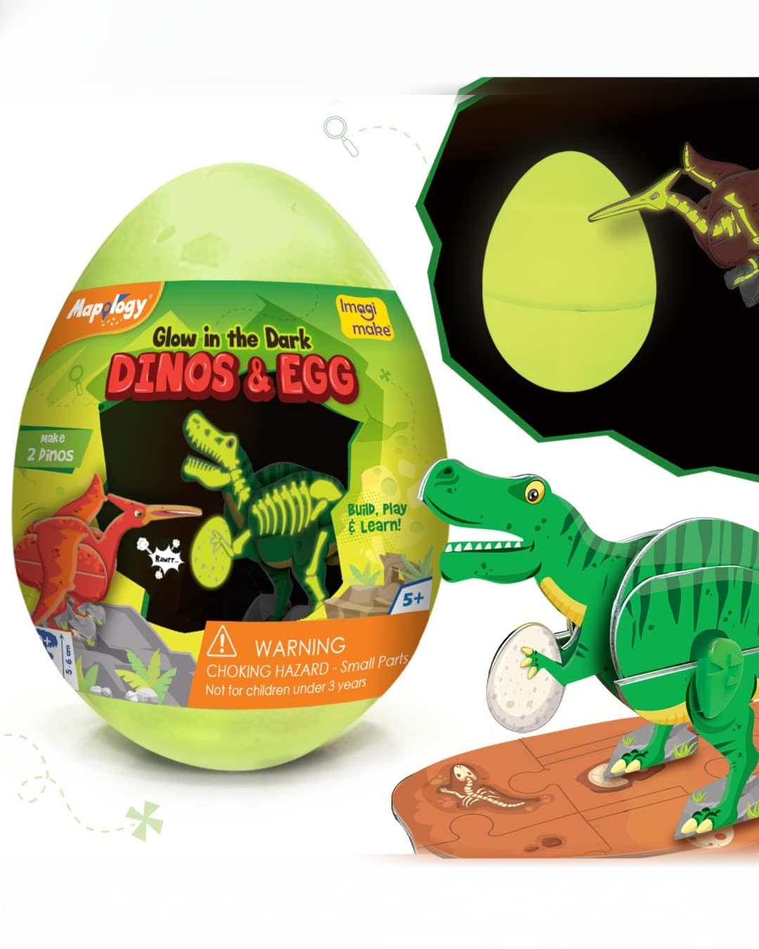 Imagimake Mapology Glow in the Dark Dinos & Egg – 3D Dinosaur Puzzle Toy for Kids | Build, Play & Learn ( Green )