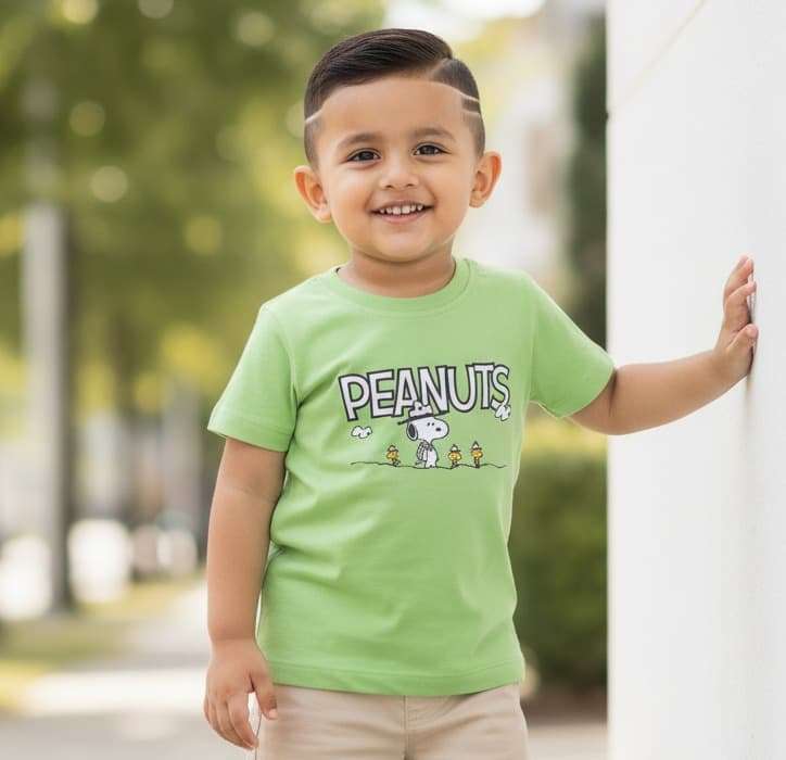 Minute Mirth Boys' Green Cotton Short Sleeve T-Shirt with Peanuts Print for All Season Casual and Outdoor Wear