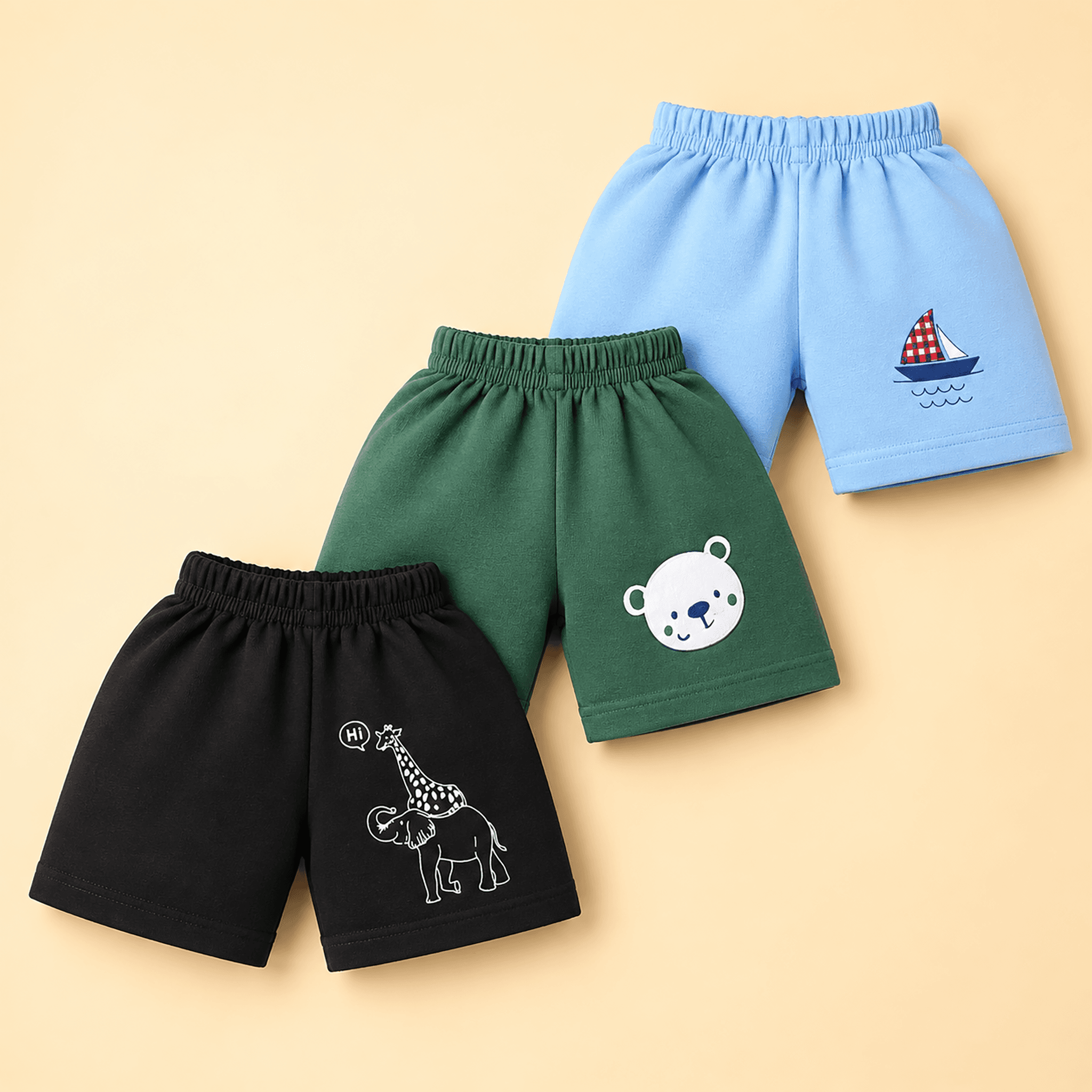 Hazelnuts Boys Casual Summer Shorts Above Knee Length Cotton Slip-on Green Black Light/Sky Blue