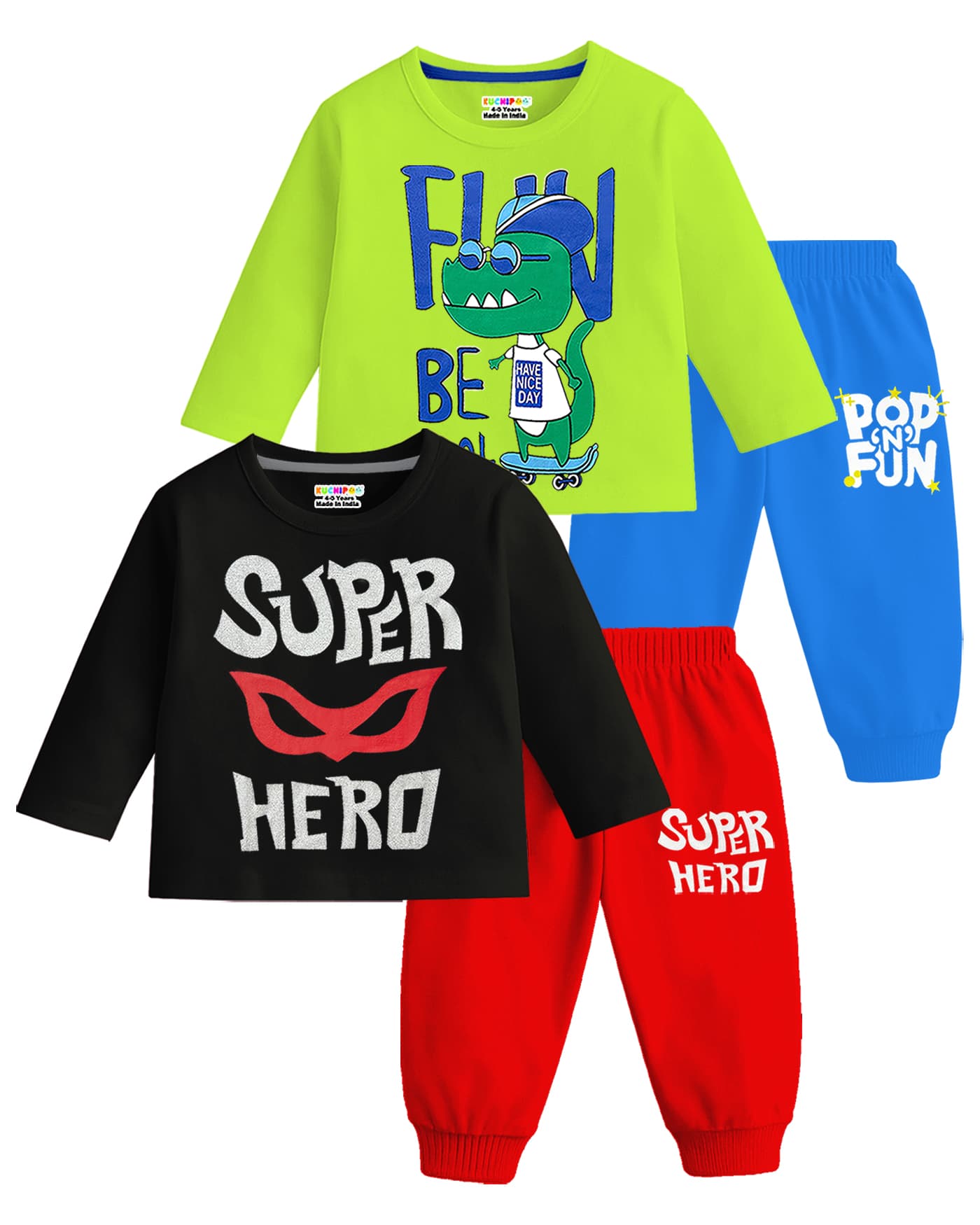 Kuchipoo Boys Casual T-shirt & Joggers Set in Black and Green with Fun Prints, Full Sleeves, Cotton Fabric, All Season