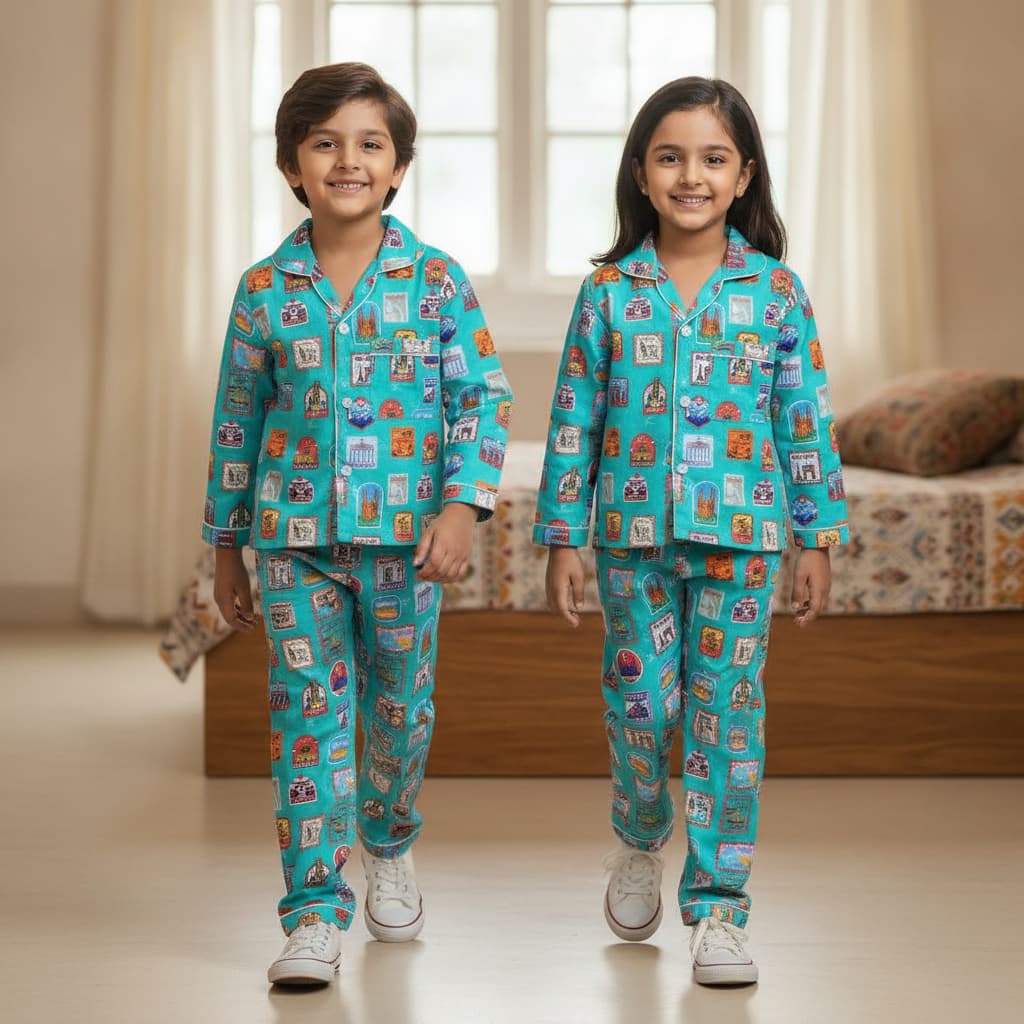 Knitting Doodles Unisex Green Cotton Full Sleeves Pyjama Set with Camp Collar for All Season Casual Wear