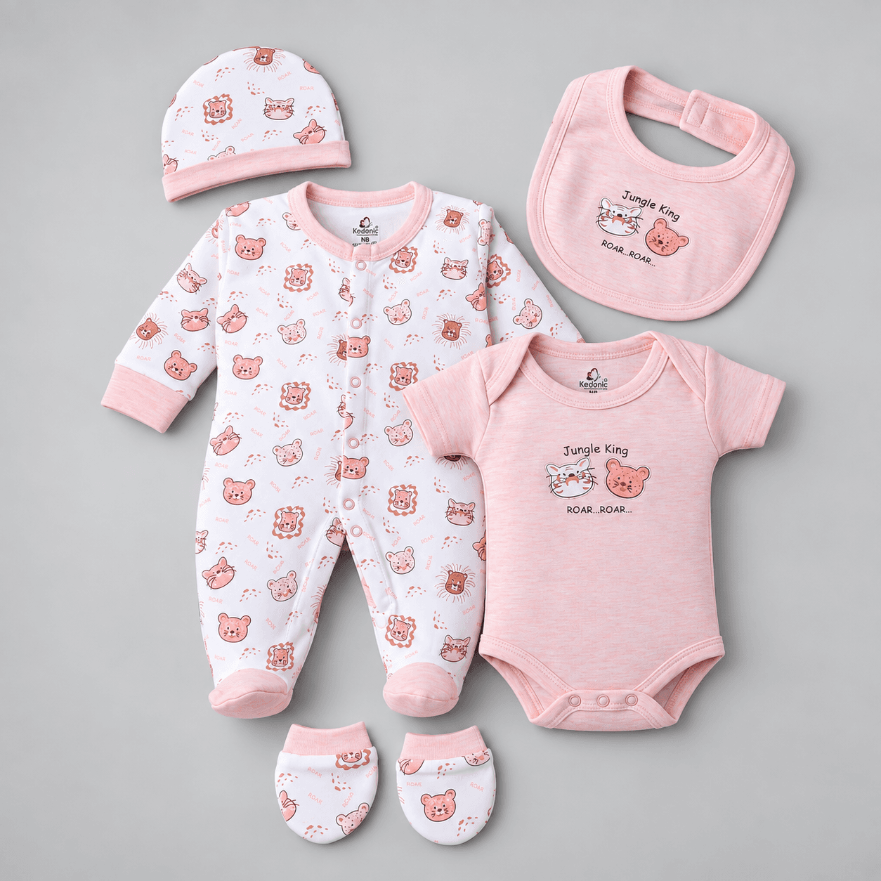 Kedonic Unisex Peach Cotton Full-Sleeve Footed Romper Gift Set with Snap Button Closure
