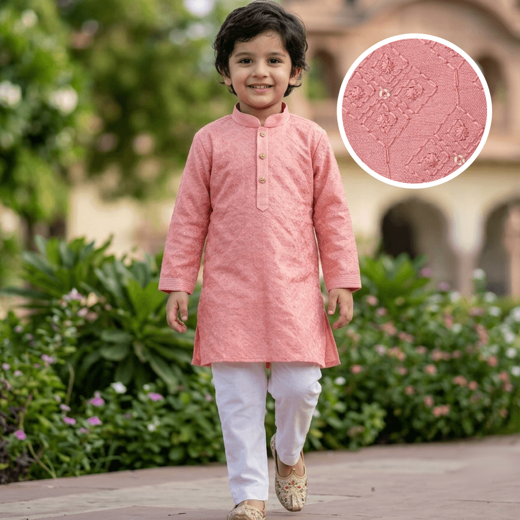 Hathom Peach Cotton Blend Kurta Pyjama Set for Boys - Formal/Partywear, All Season, Full Sleeves, Mandarin Collar