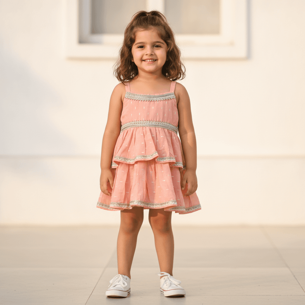 Many Frocks Peach Cotton One Piece Dress for Girls with Singlet Sleeves and Back Zipper - Summer Partywear