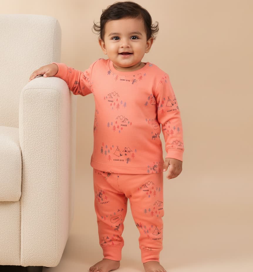 Tango Boys Cotton T-Shirt  & Pyjama Set | Peach Full Sleeve Round Neck Casual Wear Set | All Season