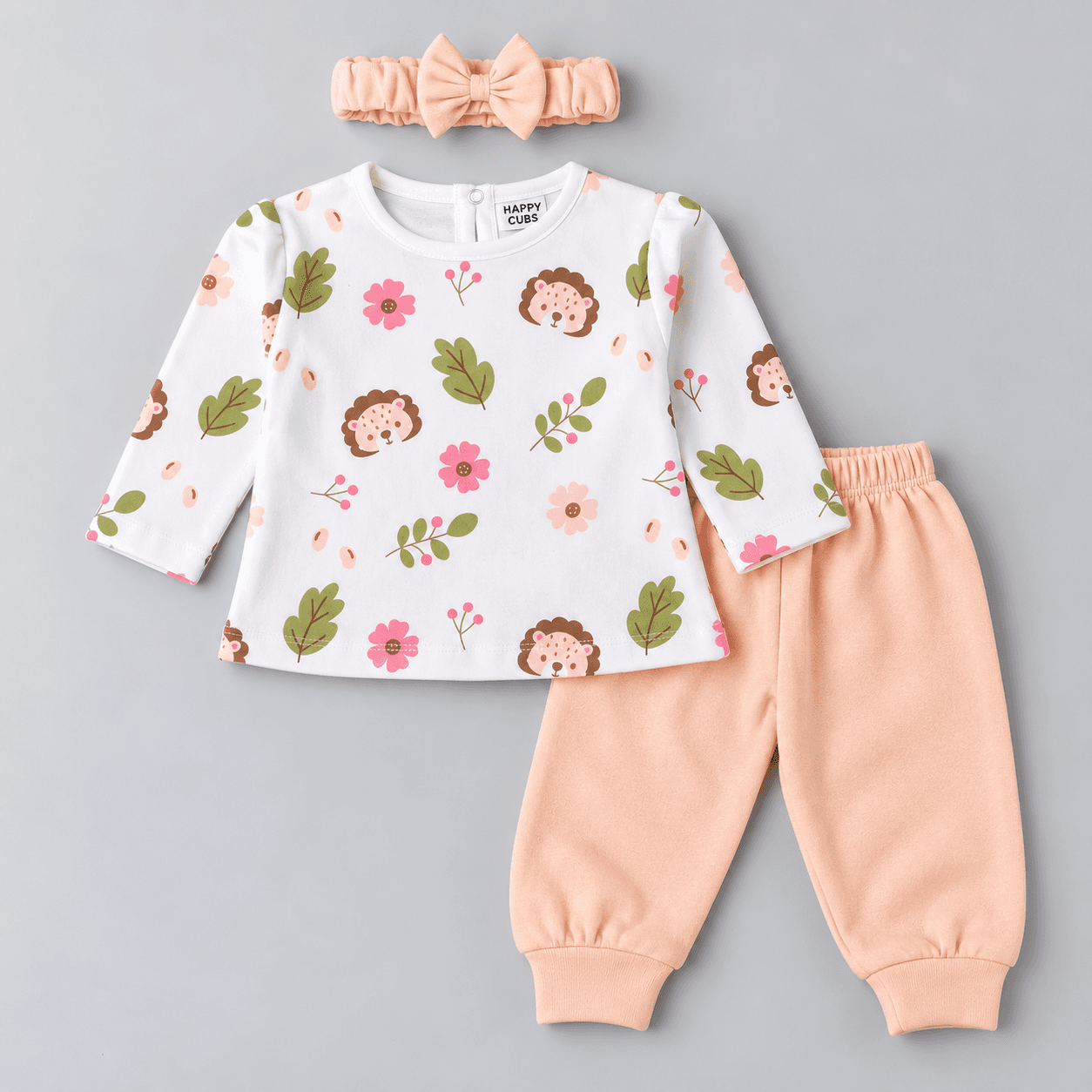 HAPPY CUBS Girls Peach Cotton Apparel Gift Set – Full Sleeve Round Neck Top & Full-Length Joggers