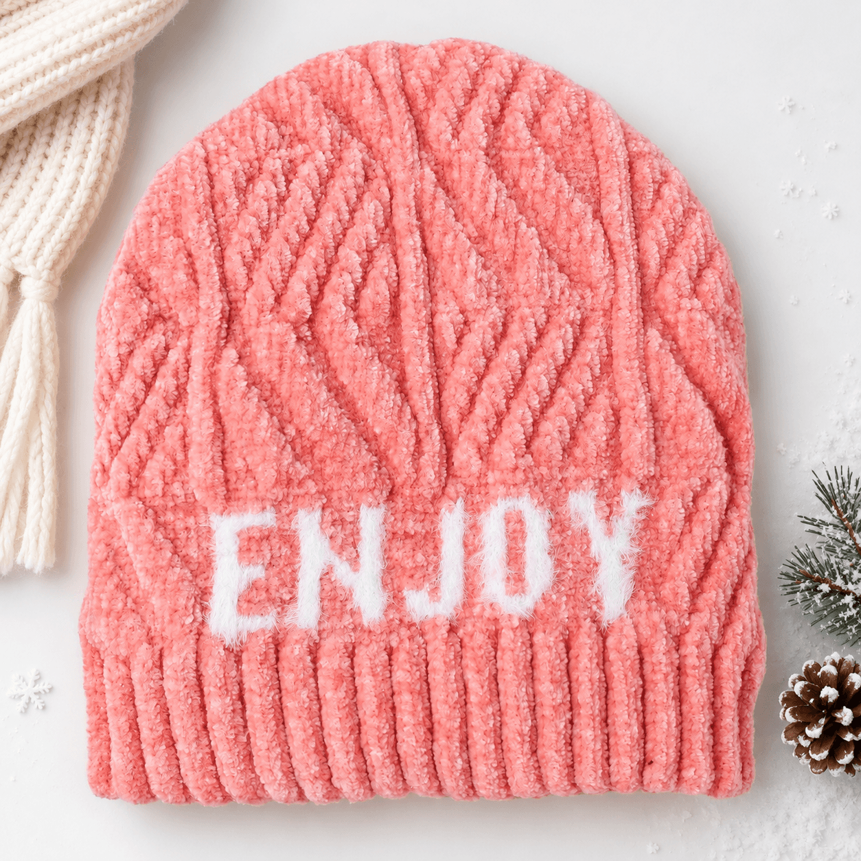 Oh! Hats Unisex Peach Placement Print Woolen Beanie for Casual & Travel