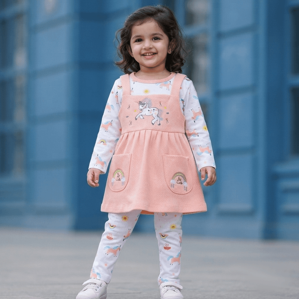 PingPong Peach Full Sleeve Frock with Leggings for Girls - Casual All Season Wear