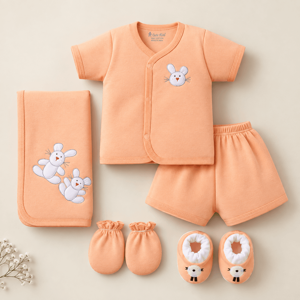 Child World Unisex Peach Cotton Apparel Gift Set with V-Neck Jhabla & Shorts