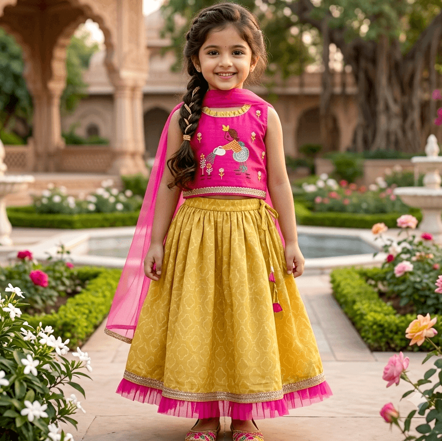 Many Frocks Dark Pink Lehenga Choli for Girls - Sleeveless Cotton Blend Ethnic Wear for Formal/Partywear All Season