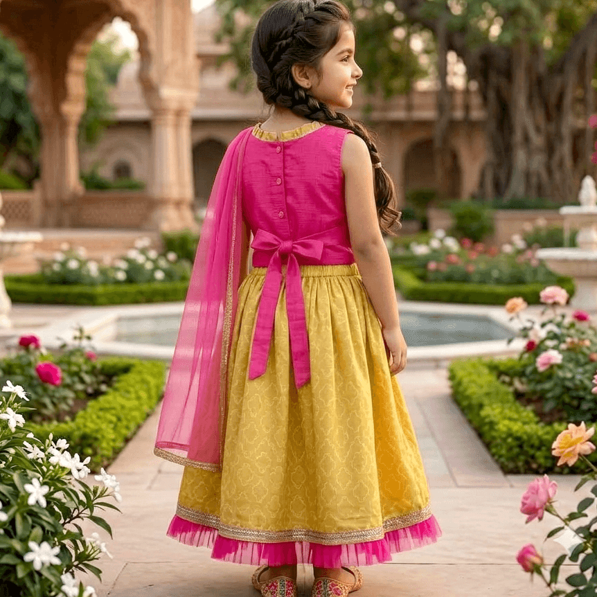 Many Frocks Dark Pink Lehenga Choli for Girls - Sleeveless Cotton Blend Ethnic Wear for Formal/Partywear All Season