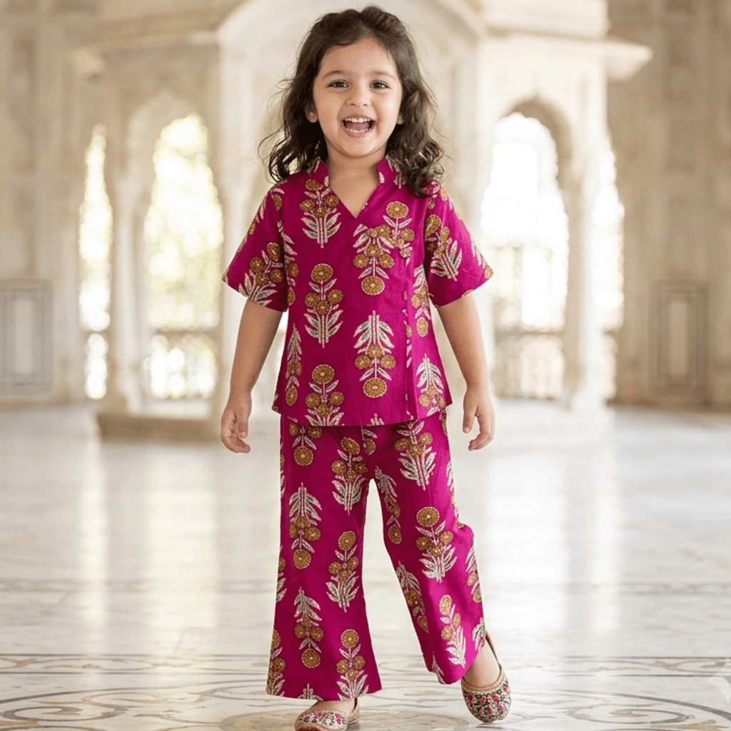 Tiny Threads Girls Dark Pink Cotton Kurta & Palazzo Set | Half Sleeves | Round Neck | Front Button Closure | Full-Length Palazzos | Elasticated Waist | Mid-Rise | Regular Fit | All-Season Partywear