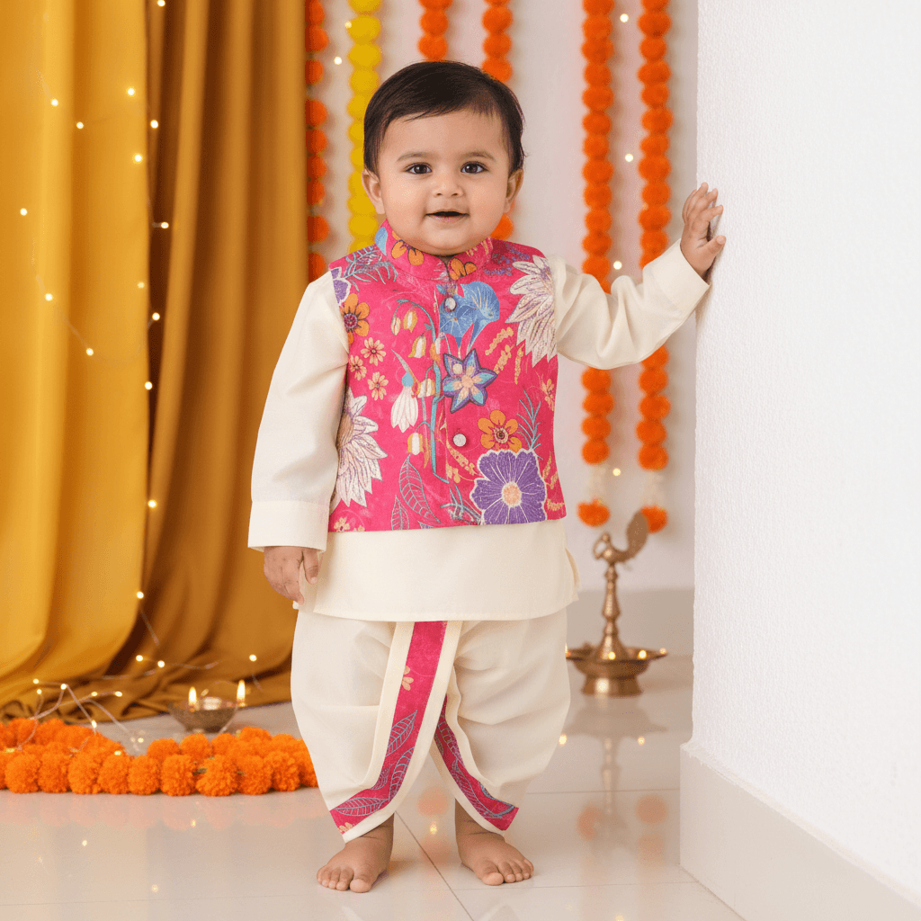 Aagam Boys Dark Pink Cotton Kurta Dhoti & Jacket Set – Full Sleeve Mandarin Collar Partywear