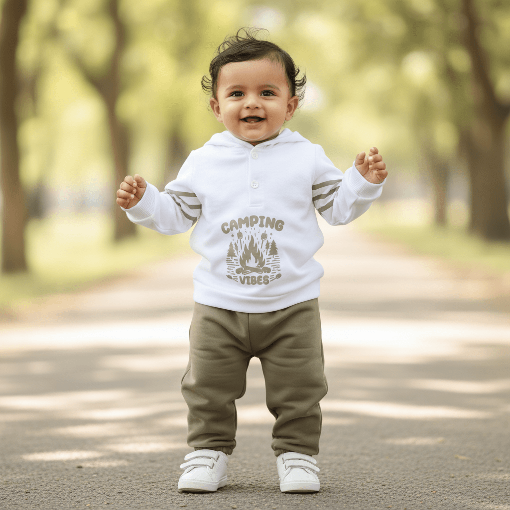 Boom Baby Boys' Grey Winter Wear Set - Full Sleeve Round Neck Top with Camping Vibes and Full Length Joggers