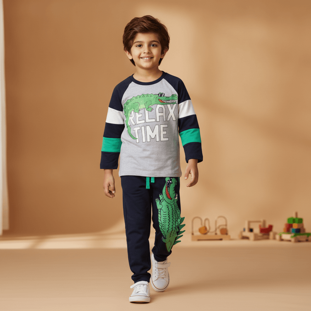 Lazy Shark Boys Casual Grey T-shirt & Pant Set with Full Sleeves and Drawstring Closure