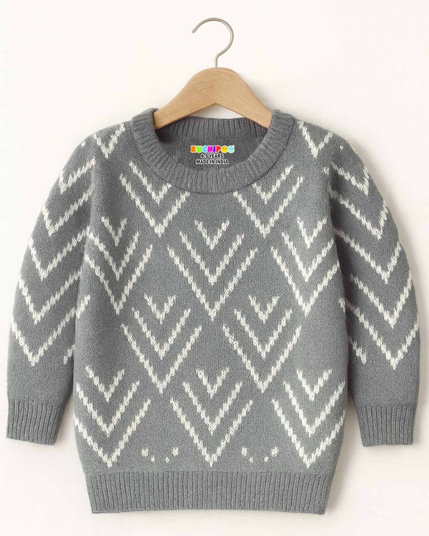 Kuchipoo Boys Grey Cotton Full Sleeve Pullover Sweater for Winter Casual Wear