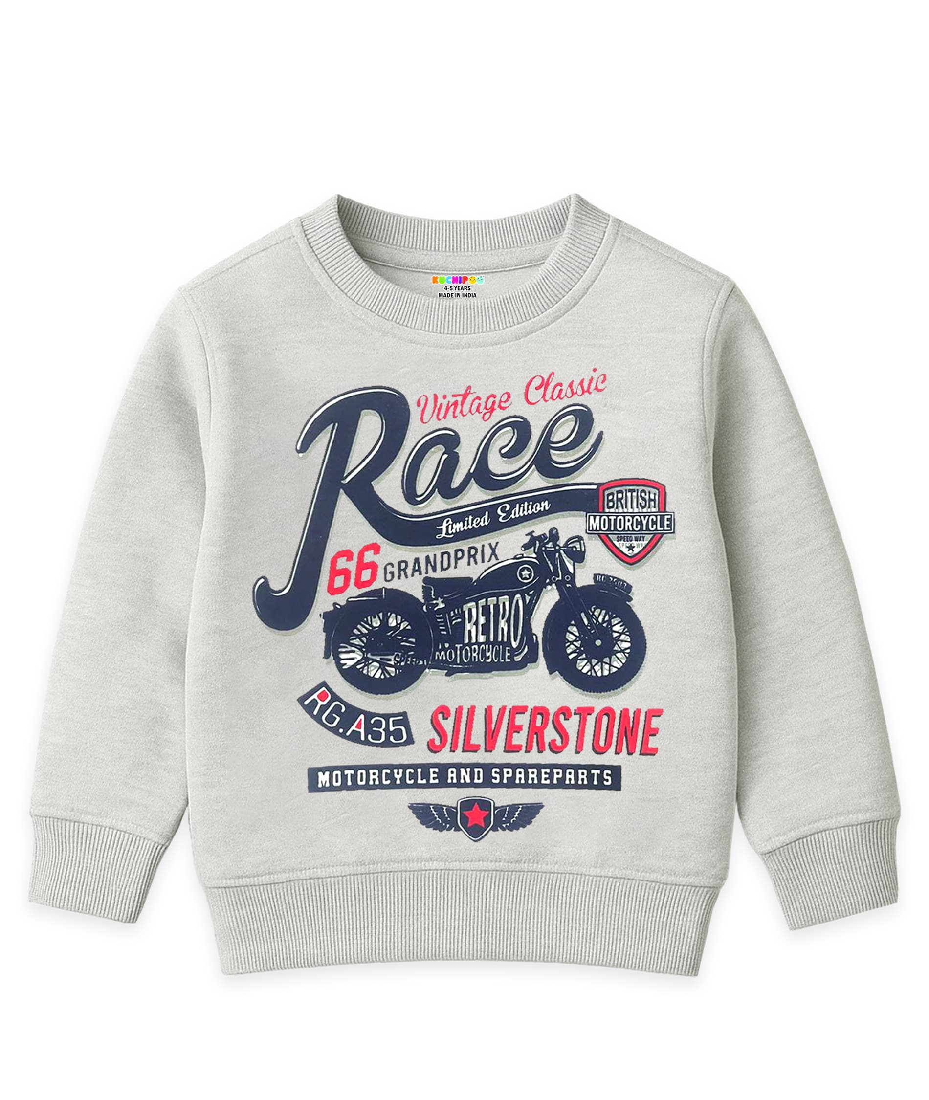 Kuchipoo Boys' Grey Fleece Sweatshirt with Vintage Classic Race Print for Winter Casual Wear