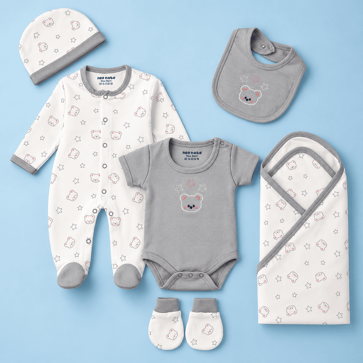 Neo Nate Unisex Grey Cotton Footed Romper Gift Set – Full Sleeve Round Neck