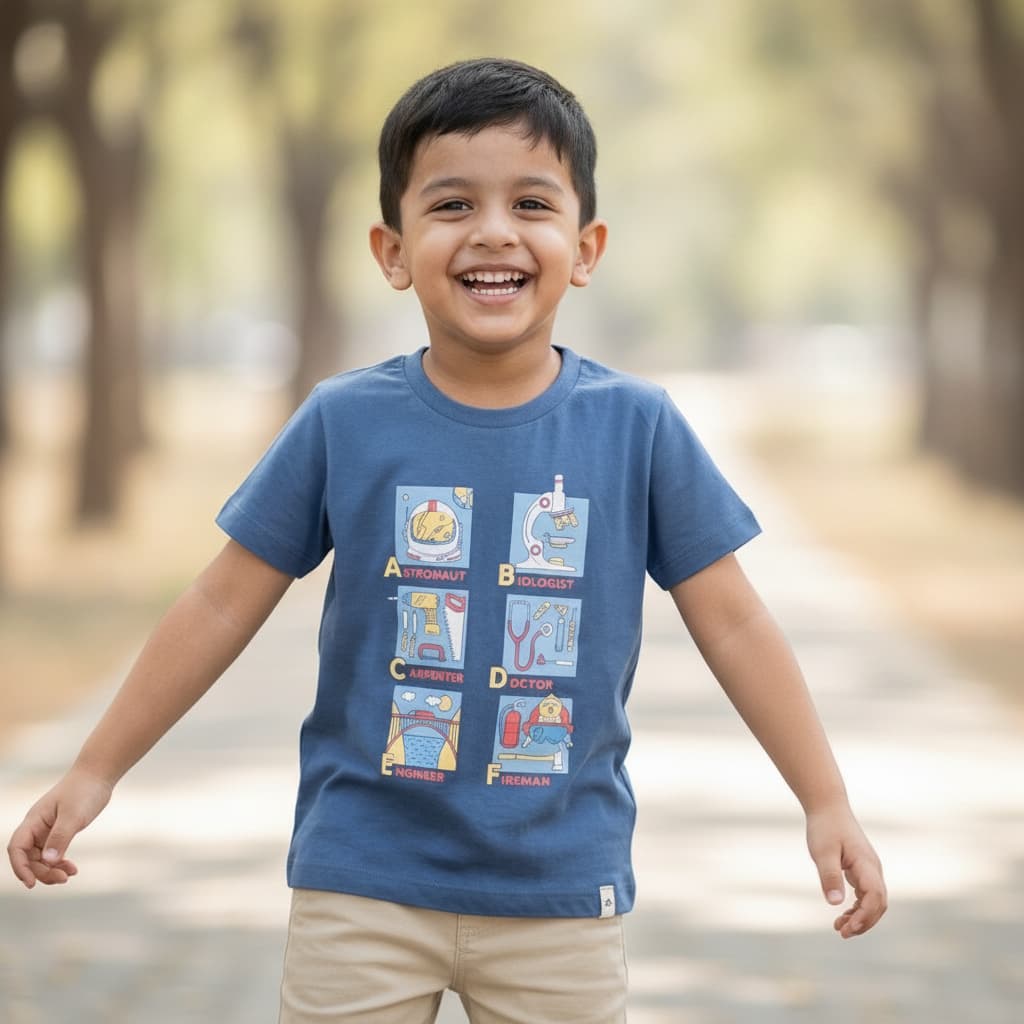Pink Rabbit Royal Blue Cotton T-Shirt for Boys - Casual Short Sleeve with Astronaut Biologist Carpenter Doctor Engineer Fireman Print