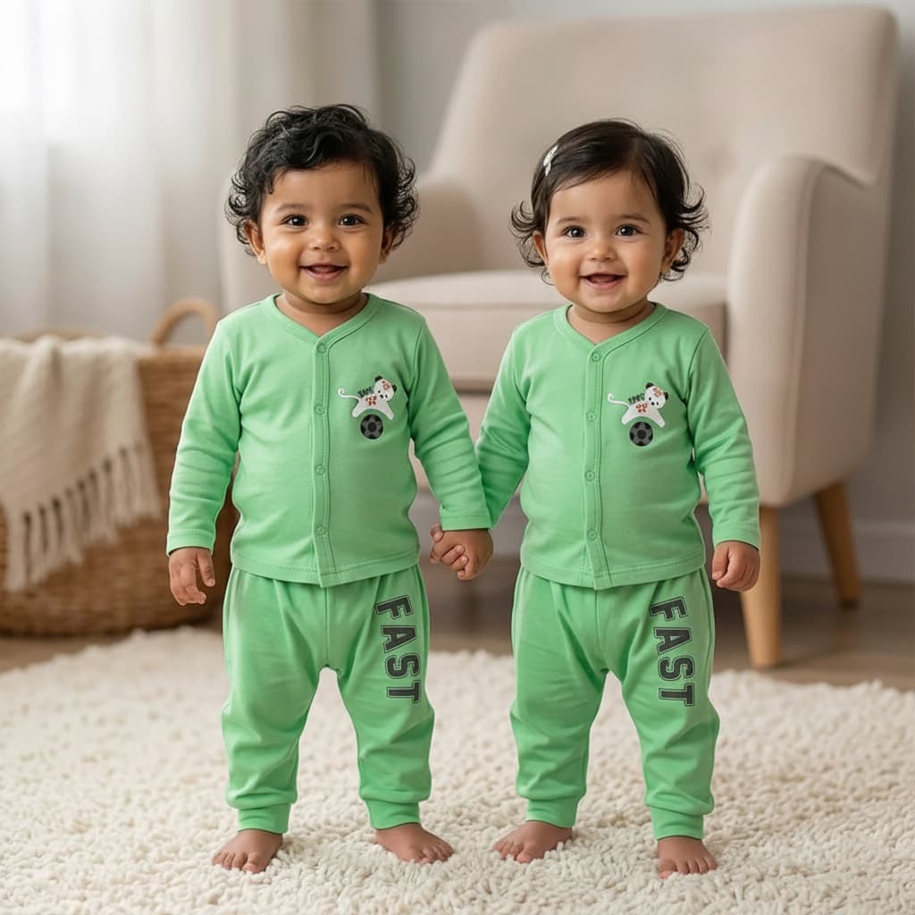 Doreme Unisex Light Green Cotton Shirt & Pant Set – Full Sleeve V-Neck with Front Snap Button Closure