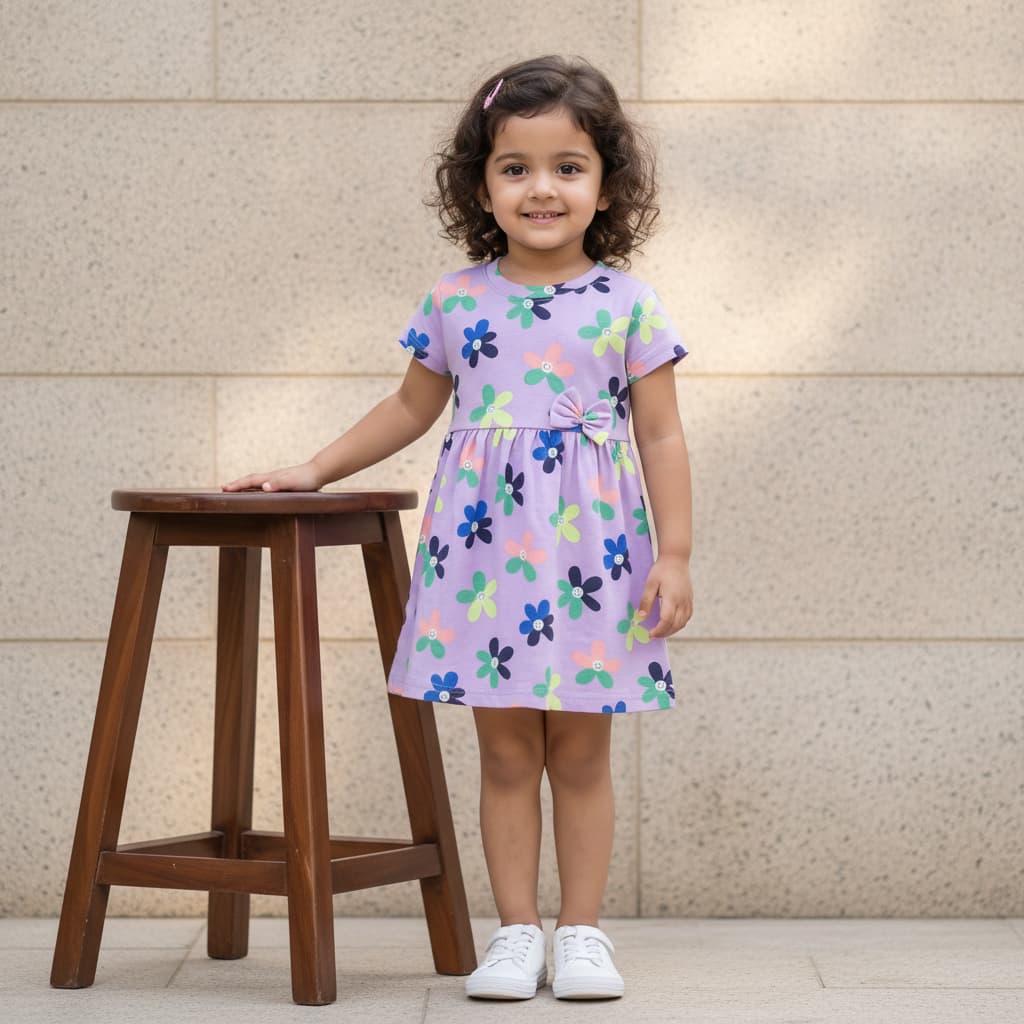 My Mowgli Girls' Lavender Cotton Short Sleeve Slip-on One Piece Dress for Casual Summer Wear