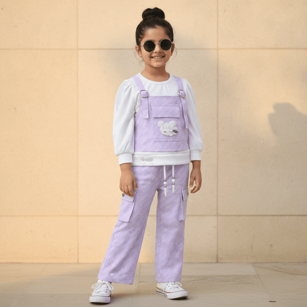 Sweet Bubbly Girls' Lavender Cotton Blend Top & Cargo Pants Set for Casual All Season Wear