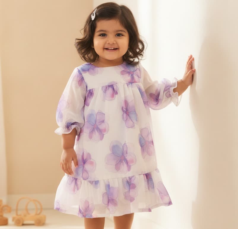 Many Frocks Lavender Cotton Half Sleeve One Piece Dress for Girls Casual Daily Wear All Season