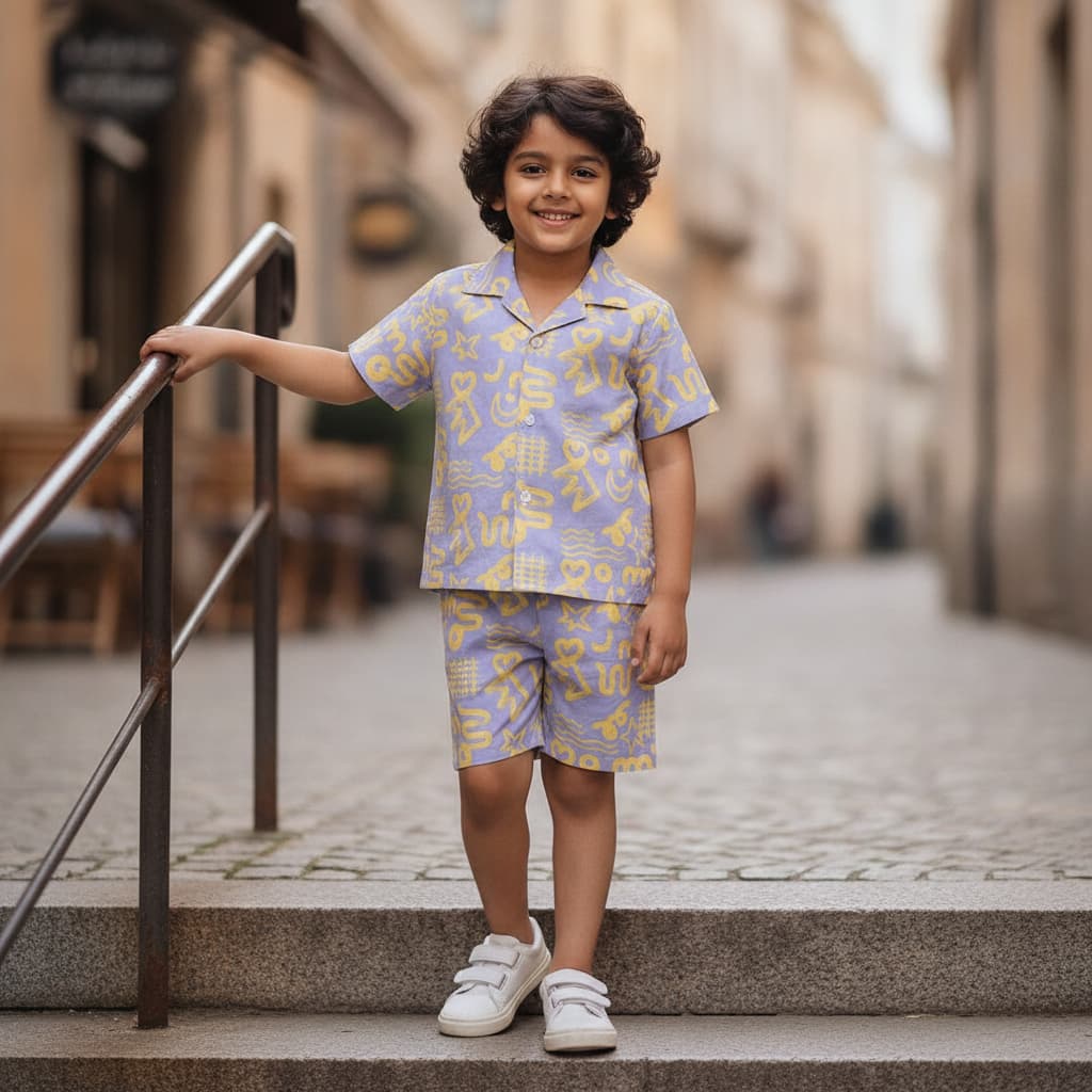 Knitting Doodles Boys' Lavender Cotton Shirt & Shorts Set for Casual Summer Wear