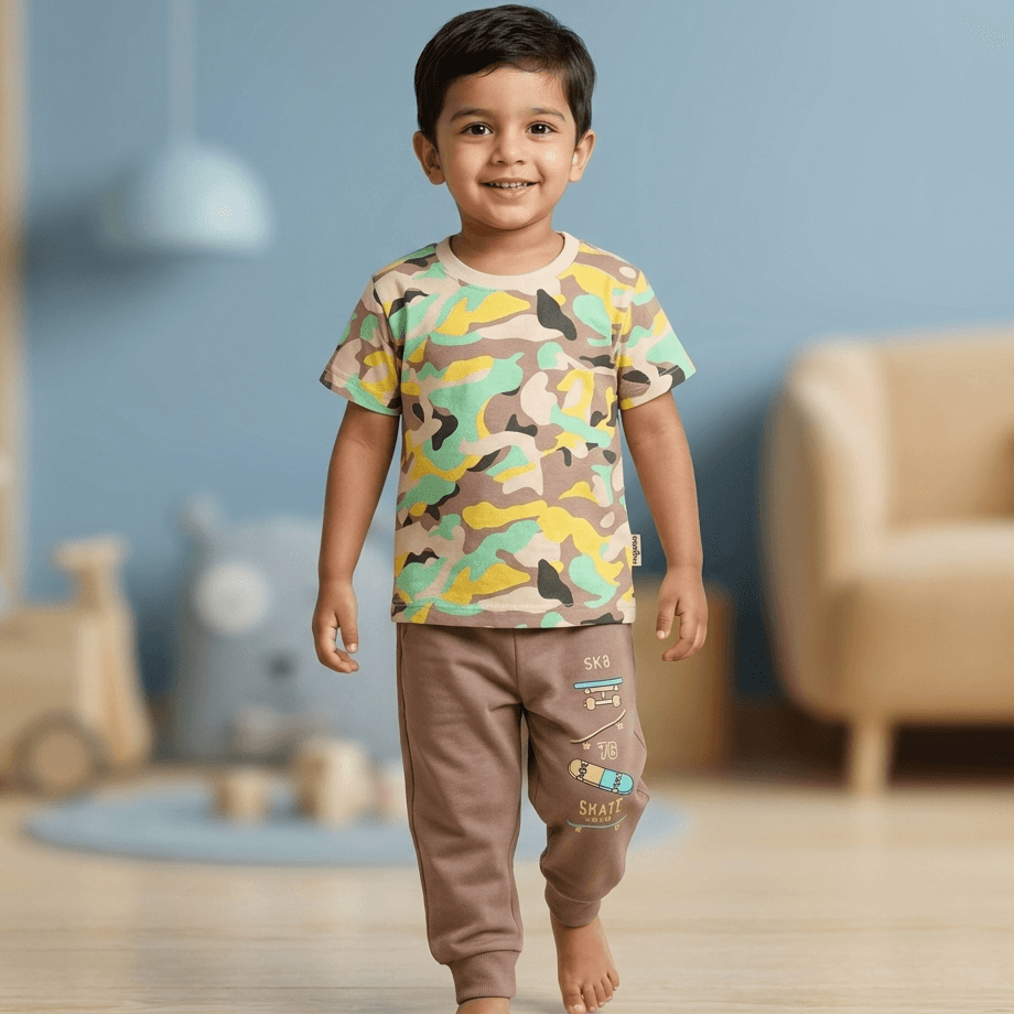 Hazelnuts Boys Casual Beige T-shirt & Joggers Set with SK8 76 SKATE Print