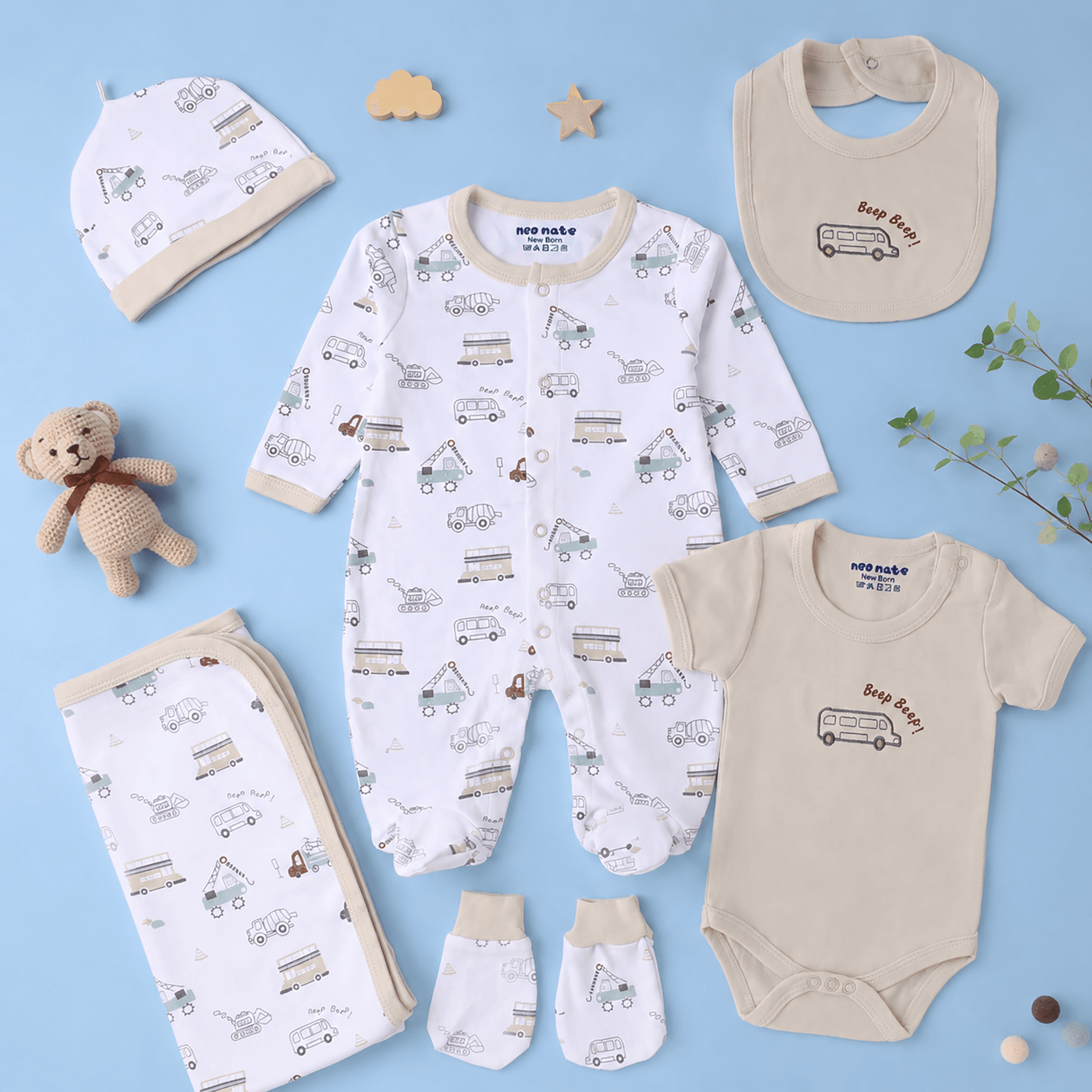 Neo Nate Unisex Beige Cotton Apparel Gift Set | Full Sleeves | Round Neck | Footed Romper | Snap Button Closure | Mid-Rise | All-Season Wear