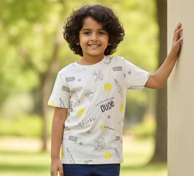 Happy Faces Boys Offwhite Cotton T-Shirt | Half Sleeves | Round Neck | “DUDE THINKER” Text | Slip-On | All-Season Casual Wear