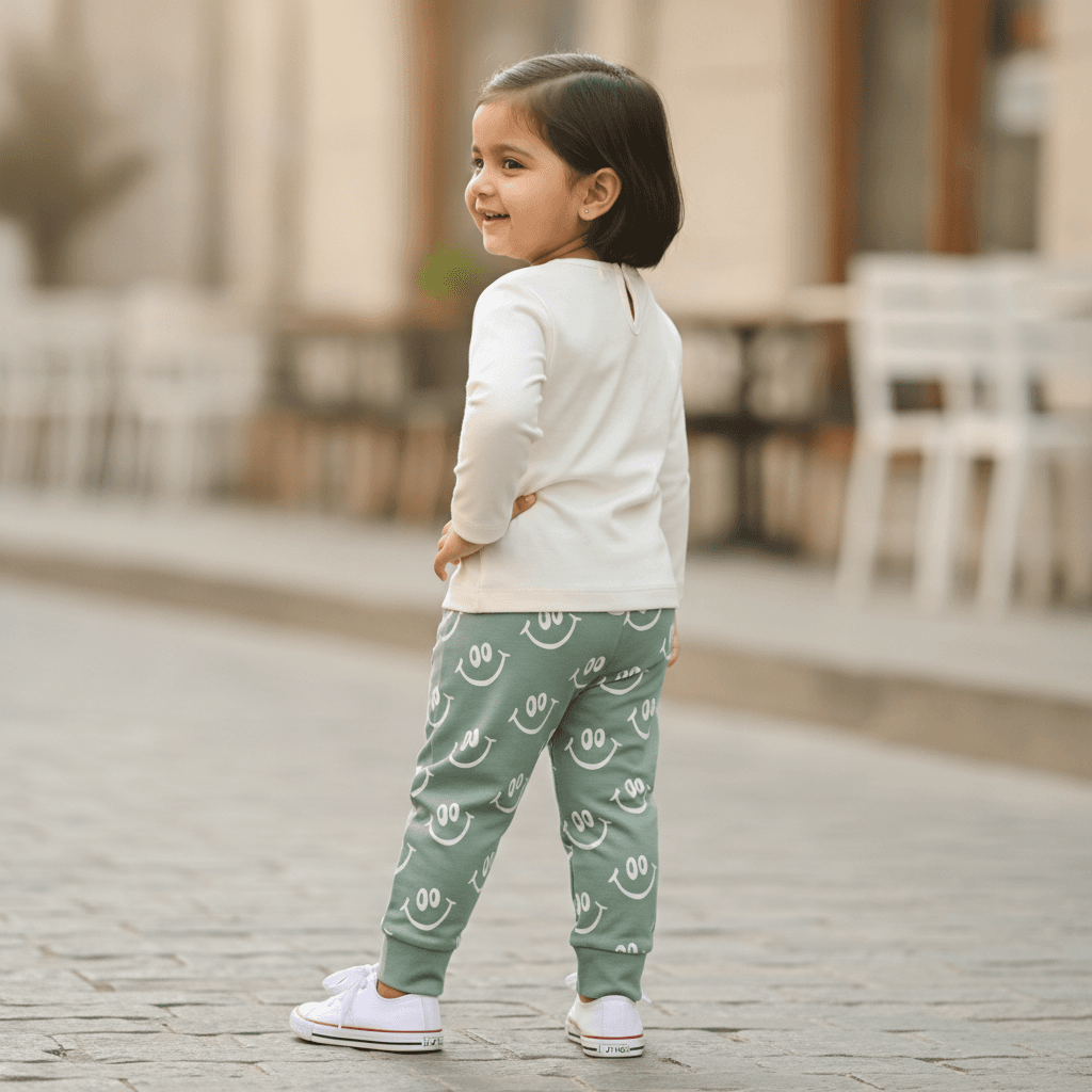 Tinyo Girls Off White Top & Joggers Set | Full Sleeves Round Neck | Back Button Closure | Full Length Joggers | Mid Rise | Regular Fit | Casual & Daily Wear