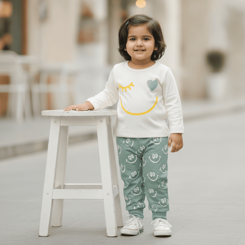 Tinyo Girls Off White Top & Joggers Set | Full Sleeves Round Neck | Back Button Closure | Full Length Joggers | Mid Rise | Regular Fit | Casual & Daily Wear