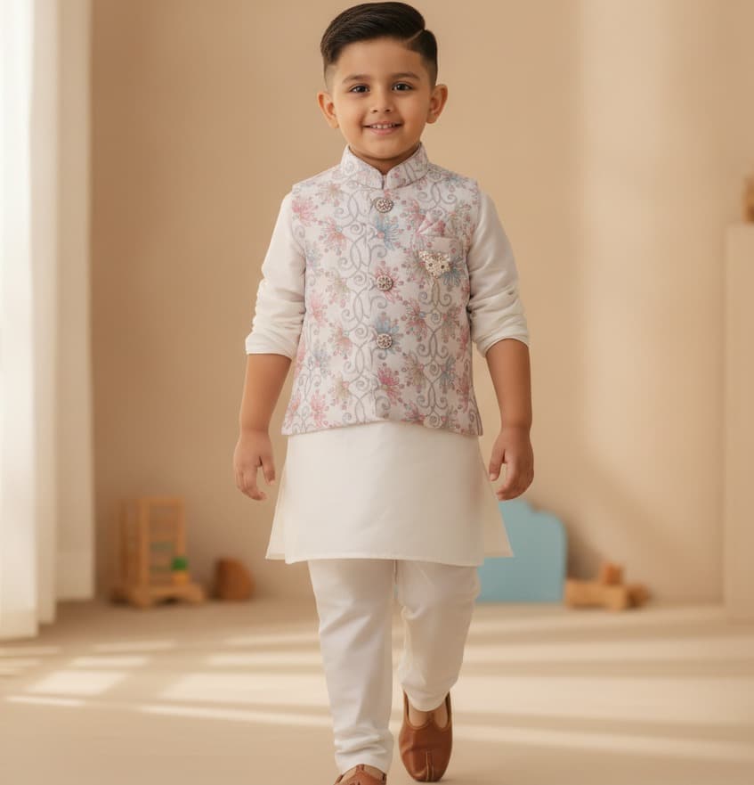 Hathom Offwhite Cotton Blend Kurta Pyjama & Jacket Set for Boys - Formal/Partywear All Season