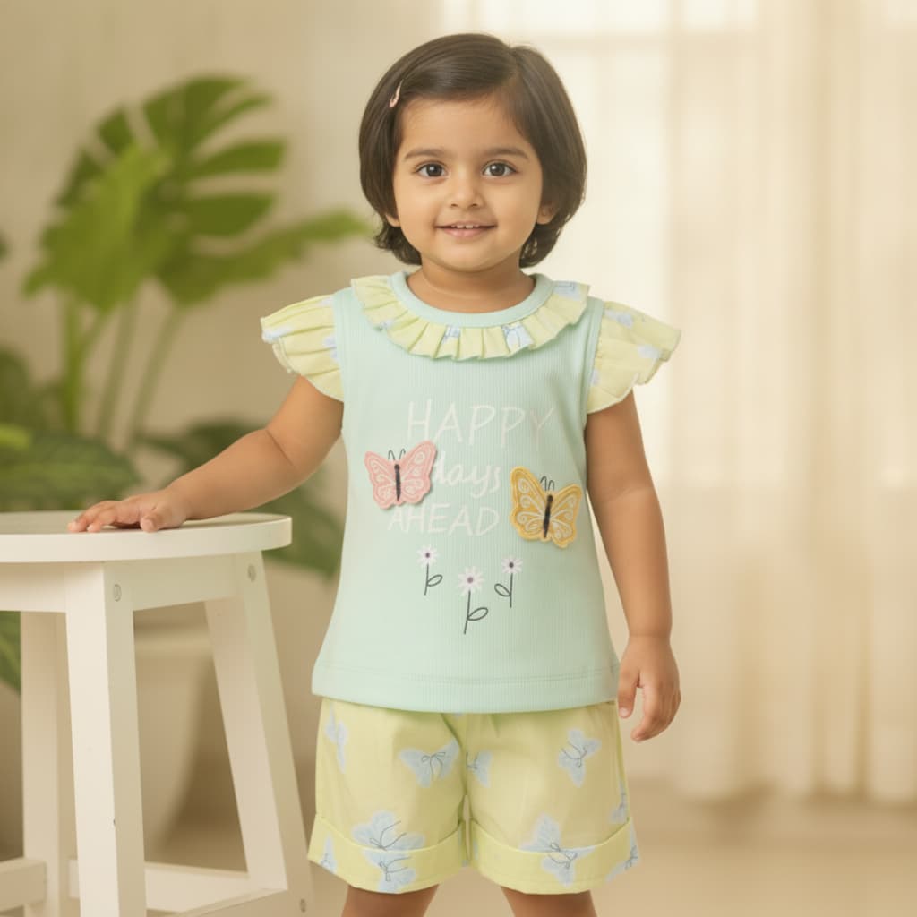 Jelly Bee's Girls Casual Summer Top & Shorts Set in Mint with "HAPPY days AHEAD" Print