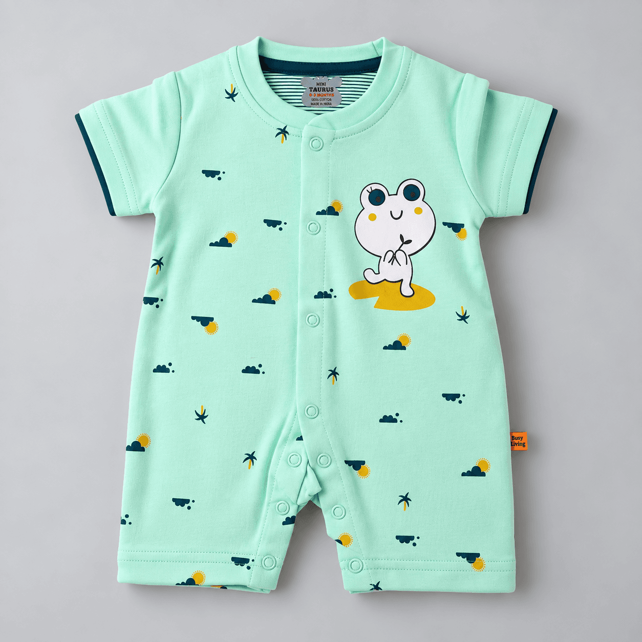 Mini Taurus Boys Mint Cotton Romper | Half Sleeves | Round Neck | Front Snap Buttons | Full Length | Regular Fit | All-Season Casual Wear