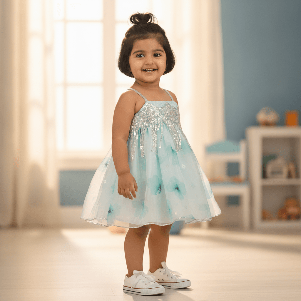 Kyub Mint Party Dress for Girls with Multi-Blend Singlet Sleeves and Back Zipper