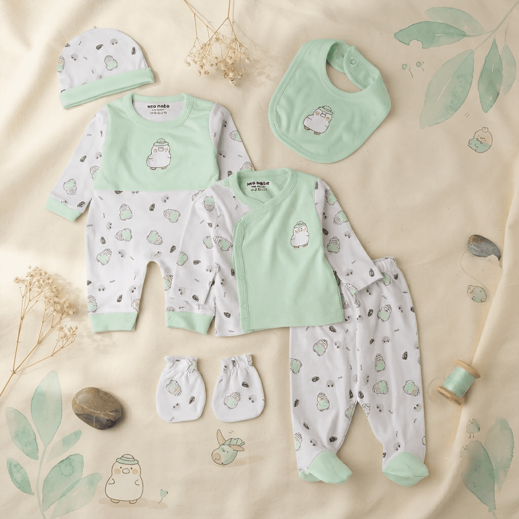 Neo Nate Unisex Mint Cotton Full-Length Romper Gift Set – Full Sleeve Round Neck