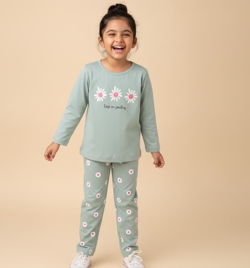 Chocoberry Sea Green Full Sleeve Top & Pant Set for Girls - Casual Daily Wear