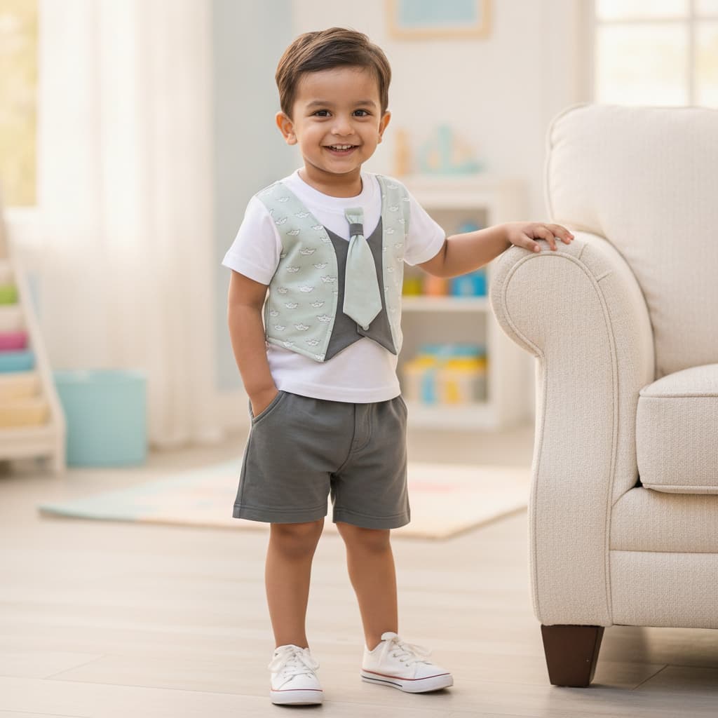 BANTALING Boys Sea Green Cotton T-shirt & Shorts Set for Casual Summer Wear