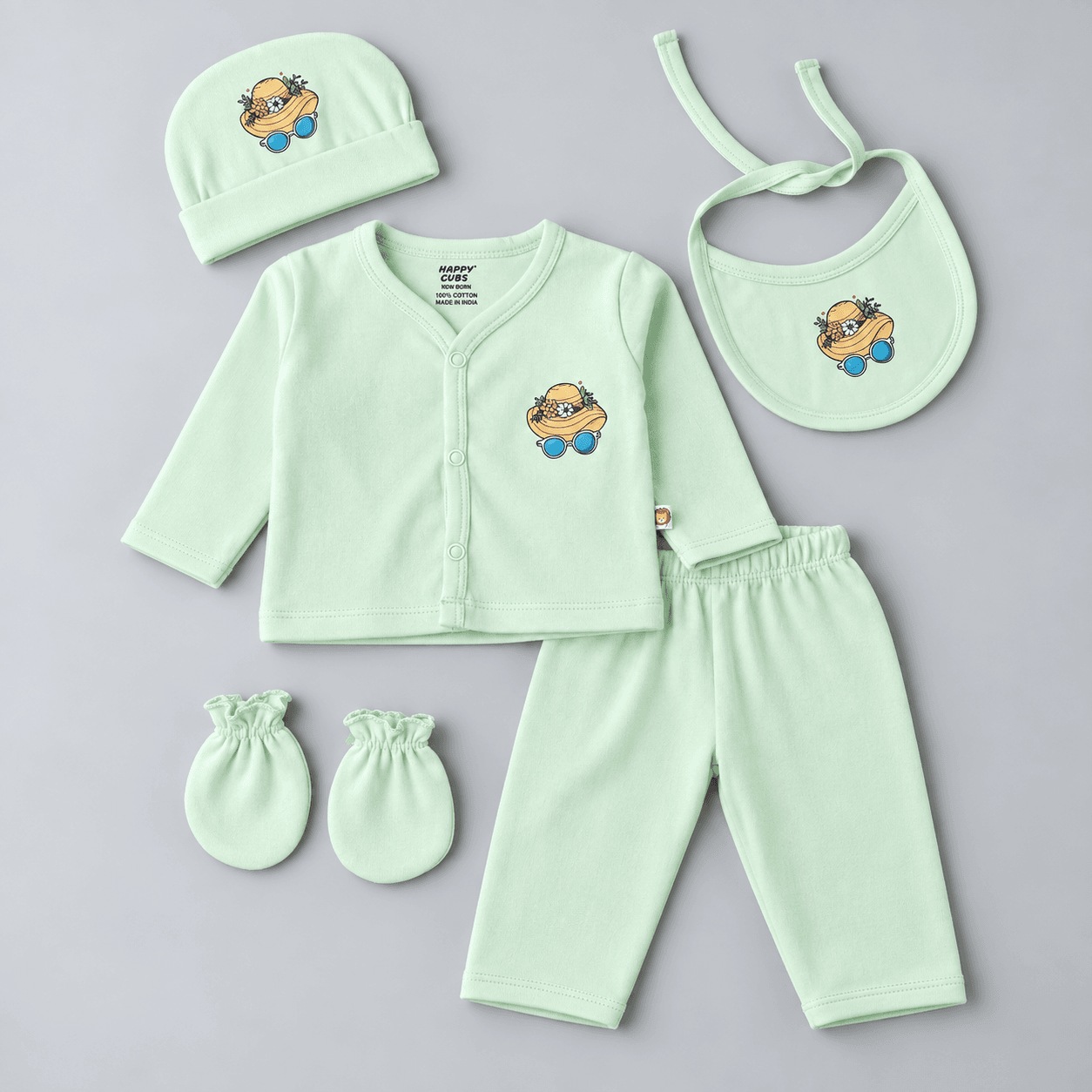 HAPPY CUBS Unisex Sea Green Cotton Apparel Gift Set – Full Sleeve Round Neck Jhabla & Full-Length Trousers/Pants
