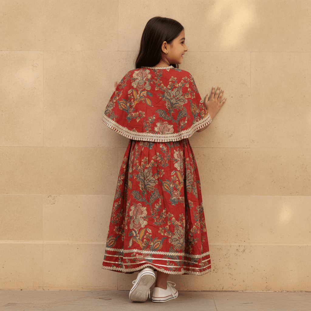 Tiny Threads Girls Maroon Cotton Lehenga Choli Set | Half Sleeves | Round Neck | Front Button Closure | Full-Length Lehenga | Elasticated Waist | Regular Fit | All-Season Partywear