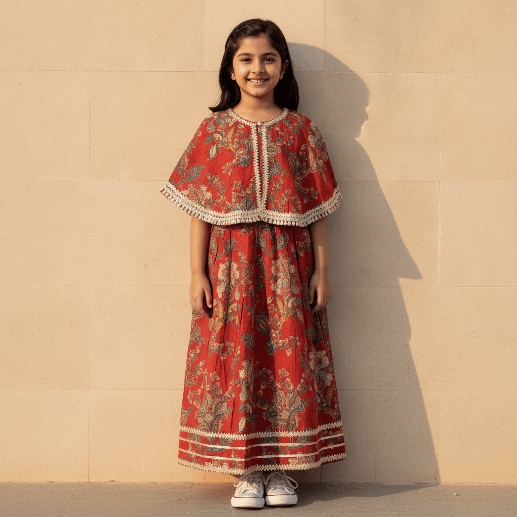 Tiny Threads Girls Maroon Cotton Lehenga Choli Set | Half Sleeves | Round Neck | Front Button Closure | Full-Length Lehenga | Elasticated Waist | Regular Fit | All-Season Partywear